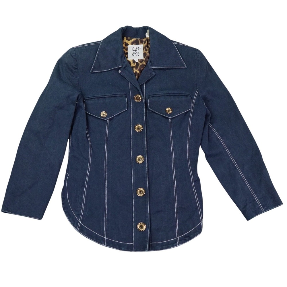 VTG Mark E. Denim Jacket Womens Size 6 Blue Contrast Stitch Leopard Lining